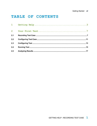 Getting Started v2
TABLE OF CONTENTS
1 Getting Help .......................................3
2 Your First Test ....................................7
2.1 Recording Test Case .........................................................................................................7
2.2 Configuring Test Case.....................................................................................................11
2.3 Configuring Test ..............................................................................................................13
2.4 Running Test ....................................................................................................................15
2.5 Analyzing Results ............................................................................................................17
GETTING HELP - RECORDING TEST CASE 1
 