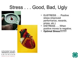 Stress . . . Good, Bad, Ugly
               • EUSTRESS . . . Positive
                 stress (improved
                 performance, rewards,
                 prizes, etc.)
               • DISTRESS . . . When
                 positive moves to negative.
               • Optimal Stress?!???
 