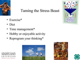 Taming the Stress Beast

•   Exercise*
•   Diet
•   Time management*
•   Hobby or enjoyable activity
•   Reprogram your thinking*
 