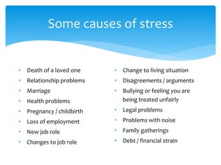 Some causes of stress
• Death of a loved one
• Relationship problems
• Marriage
• Health problems
• Pregnancy / childbirth
• Loss of employment
• New job role
• Changes to job role
• Change to living situation
• Disagreements / arguments
• Bullying or feeling you are
being treated unfairly
• Legal problems
• Problems with noise
• Family gatherings
• Debt / financial strain
 