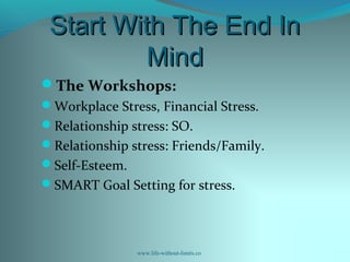 Start With The End InStart With The End In
MindMind
The Workshops:
Workplace Stress, Financial Stress.
Relationship stress: SO.
Relationship stress: Friends/Family.
Self-Esteem.
SMART Goal Setting for stress.
www.life-without-limits.co
 