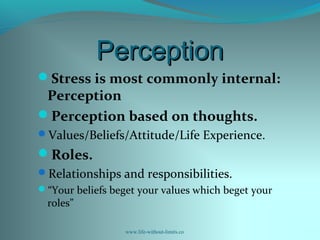 PerceptionPerception
Stress is most commonly internal:
Perception
Perception based on thoughts.
Values/Beliefs/Attitude/Life Experience.
Roles.
Relationships and responsibilities.
“Your beliefs beget your values which beget your
roles”
www.life-without-limits.co
 