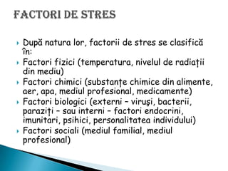 







După natura lor, factorii de stres se clasifică
în:
Factori fizici (temperatura, nivelul de radiaţii
din mediu)
Factori chimici (substanţe chimice din alimente,
aer, apa, mediul profesional, medicamente)
Factori biologici (externi – viruşi, bacterii,
paraziţi – sau interni – factori endocrini,
imunitari, psihici, personalitatea individului)
Factori sociali (mediul familial, mediul
profesional)

 