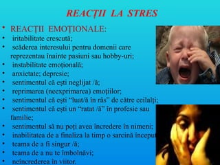 REACŢII LA STRES
• REACŢII EMOŢIONALE:
• iritabilitate crescută;
• scăderea interesului pentru domenii care
reprezentau înainte pasiuni sau hobby-uri;
• instabilitate emoţională;
• anxietate; depresie;
• sentimentul că eşti neglijat /ă;
• reprimarea (neexprimarea) emo iilor;
ț
• sentimentul că eşti “luat/ă în râs” de către ceilalţi;
• sentimentul că eşti un “ratat /ă” în profesie sau
familie;
• sentimentul să nu poţi avea încredere în nimeni;
• inabilitatea de a finaliza la timp o sarcină începută;
• teama de a fi singur /ă;
• teama de a nu te îmbolnăvi;
• neîncrederea în viitor.
 