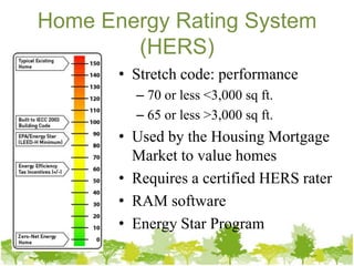 Home Energy Rating System
        (HERS)
       • Stretch code: performance
         – 70 or less <3,000 sq ft.
         – 65 or less >3,000 sq ft.
       • Used by the Housing Mortgage
         Market to value homes
       • Requires a certified HERS rater
       • RAM software
       • Energy Star Program
 