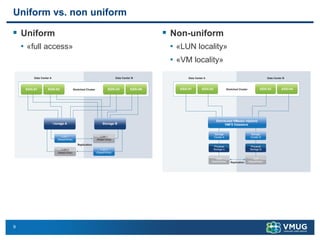 9
Uniform vs. non uniform
▪ Uniform
• «full access»
▪ Non-uniform
• «LUN locality»
• «VM locality»
 