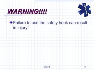 26
WARNING!!!!WARNING!!!!
Failure to use the safety hook can result
in injury!
-DRAFT-
 