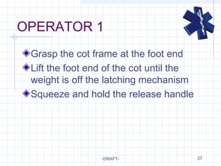27
OPERATOR 1
Grasp the cot frame at the foot end
Lift the foot end of the cot until the
weight is off the latching mechanism
Squeeze and hold the release handle
-DRAFT-
 