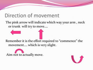 Direction of movement
The pink arrow will indicate which way your arm , neck
 or trunk will try to move....



Remember it is the effort required to “commence” the
 movement.... which is very slight.

Aim not to actually move.
 