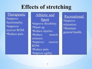 Effects of stretching
Therapeutic
•Improve
functionality.
•Improve/
recover ROM.
•Reduce pain.
Athletic and
Sport
•Improve flexibility.
•Warm up.
•Reduce injuries.
•Reduce muscle
soreness.
•Improve/ recover
ROM.
•Reduce pain.
•Improve agility
Recreational
•Improve
relaxation.
•Maintain
general health.
9
 