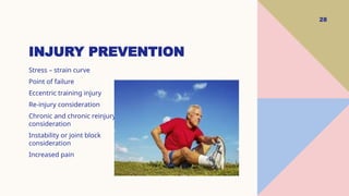 28
INJURY PREVENTION
Stress – strain curve
Point of failure
Eccentric training injury
Re-injury consideration
Chronic and chronic reinjury
consideration
Instability or joint block
consideration
Increased pain
 