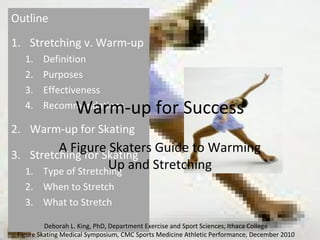 Outline
1. Stretching v. Warm-up
1. Definition
2. Purposes
3. Effectiveness
4. Recommendations
2. Warm-up for Skating
3. Stretching for Skating
1. Type of Stretching
2. When to Stretch
3. What to Stretch
A Figure Skaters Guide to Warming
Up and Stretching
Warm-up for Success
Deborah L. King, PhD, Department Exercise and Sport Sciences, Ithaca College
Figure Skating Medical Symposium, CMC Sports Medicine Athletic Performance, December 2010
 