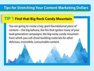 TIP1FindthatBigRockCandyMountain
Youaregoingtocreateabig,giantfoundationalpieceof
content—thebigkahuna,the rethatignitesmanyofyour
leadgenerationcampaigns,thebigrockycandymountain
fromwhichyouwillchiselbuildingmaterialsforother
delicious,irresistible,consumablecontent.
TipsforStretchingYourContentMarketingDollars
 