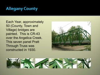 Each Year, approximately
50 (County, Town and
Village) bridges are
painted. This is CR-43
over the Angelica Creek.
This seven panel Pratt
Through Truss was
constructed in 1930.
 