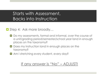 Starts with Assessment,
Backs into Instruction
 Step 4: Ask more broadly…
 Do my assessments, formal and informal, over the course of
a unit/grading period/semester/school year land in enough
places on the taxonomy?
 Does my instruction land in enough places on the
taxonomy?
 Am I stretching every student, every day?
If any answer is “No” – ADJUST!
 