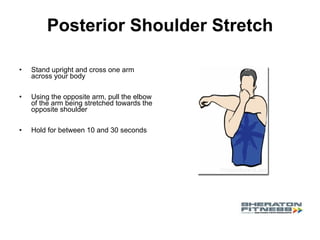 Posterior Shoulder Stretch   Stand upright and cross one arm across your body Using the opposite arm, pull the elbow of the arm being stretched towards the opposite shoulder  Hold for between 10 and 30 seconds 