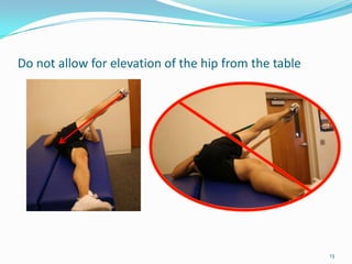 Do not allow for elevation of the hip from the table13