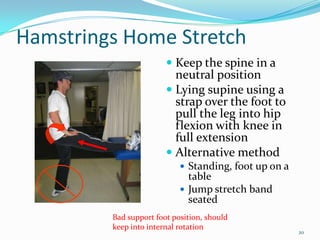 Hamstrings Home StretchKeep the spine in a neutral positionLying supine using a strap over the foot to pull the leg into hip flexion with knee in full extensionAlternative methodStanding, foot up on a tableJump stretch band seated20Bad support foot position, should keep into internal rotation