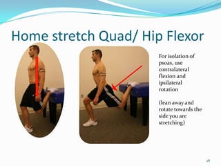 Home stretch Quad/ Hip Flexor28For isolation of psoas, use contralateral flexion and ipsilateralrotation(lean away and rotate towards the side you are stretching)
