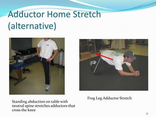Adductor Home Stretch (alternative)33Frog Leg Adductor StretchStanding abduction on table with neutral spine stretches adductors that cross the knee