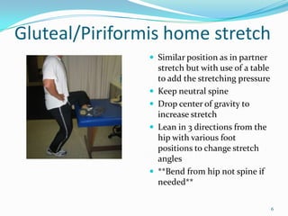 Gluteal/Piriformis home stretchSimilar position as in partner stretch but with use of a table to add the stretching pressureKeep neutral spineDrop center of gravityto increase stretchLean in 3 directions from the hip with various foot positions to change stretch angles**Bend from hip not spine if needed**6