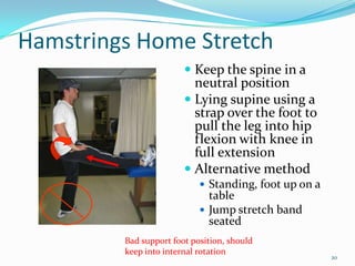 Hamstrings Home Stretch<br />Keep the spine in a neutral position<br />Lying supine using a strap over the foot to pull th...
