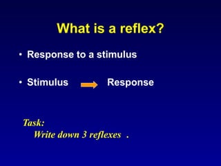 What is a reflex?
• Response to a stimulus
• Stimulus Response
Task:
Write down 3 reflexes .
 