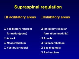 Supraspinal regulation
Facilitatory areas
 Facilitatory reticular
formation(pons)
 Area 4
 Neocerebellum
 Vestibular nuclei
Inhibitory areas
 Inhibitory reticular
formation (medulla)
 Area4s
 Paleocerebellum
 Basal ganglia
 Red nucleus
 