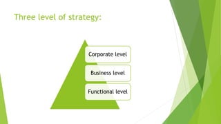 Three level of strategy:
Corporate level
Business level
Functional level
 