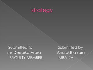 strategy   Submitted to                      Submitted by  ms DeepikaAroraAnuradhasaini    FACULTY MEMBER               MBA-2A 