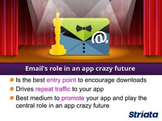 Is the best entry point to encourage downloads
Drives repeat traffic to your app
Best medium to promote your app and play the
central role in an app crazy future
 
