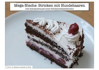 Mega-Nische: Stricken mit Hundehaaren
(die Schokostreusel einer Schwarzwälderkirsch)
© photo by Benjamin Lebsanft on Flickr
 