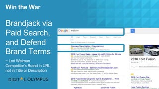 Win the War
Brandjack via
Paid Search,
and Defend
Brand Terms
~ Lori Weiman
Competitor’s Brand in URL,
not in Title or Des...