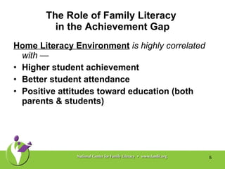 The Role of Family Literacy  in the Achievement Gap Home Literacy Environment   is highly correlated with — Higher student achievement Better student attendance Positive attitudes toward education (both parents & students) 