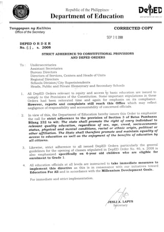 DO no 61, Series of 2008  Strict Adherence to Deped Orders 