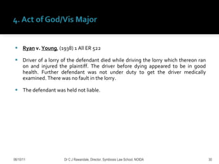 Ryan  v.  Young , (1938) 1 All ER 522 Driver of a lorry of the defendant died while driving the lorry which thereon ran on and injured the plaintiff. The driver before dying appeared to be in good health. Further defendant was not under duty to get the driver medically examined. There was no fault in the lorry.  The defendant was held not liable. 06/10/11 Dr C J Rawandale, Director, Symbiosis Law School, NOIDA 