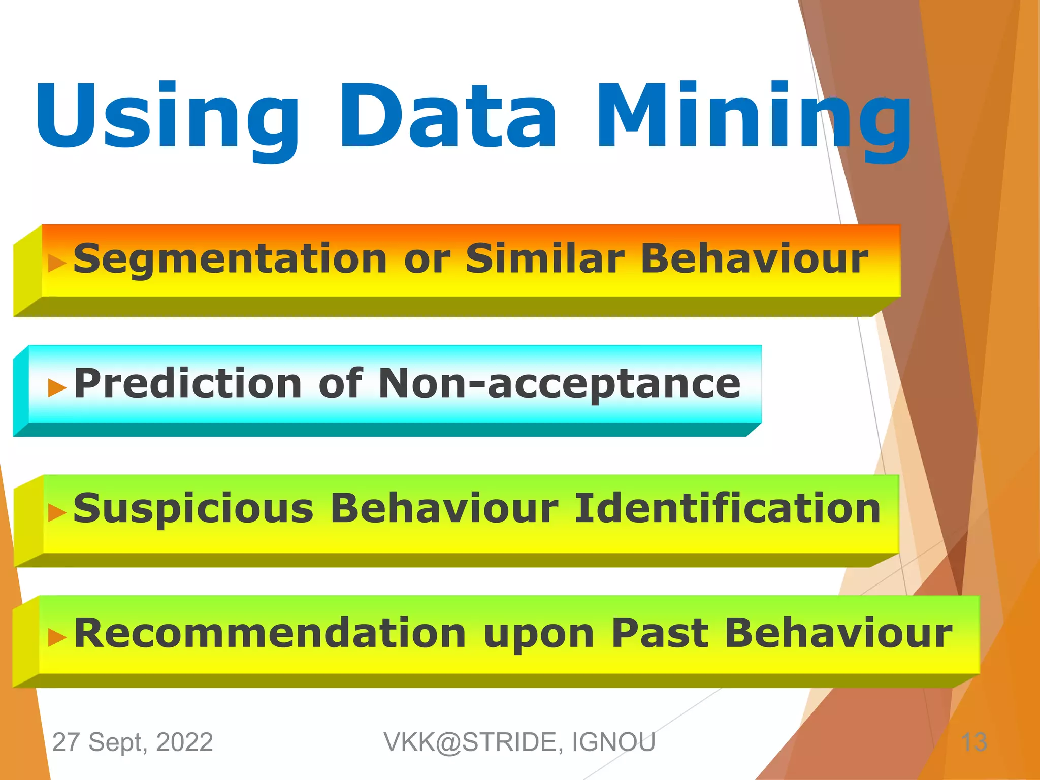 Using Data Mining
▶Segmentation or Similar Behaviour
▶Prediction of Non-acceptance
▶Suspicious Behaviour Identification
▶Recommendation upon Past Behaviour
27 Sept, 2022 VKK@STRIDE, IGNOU 13
 