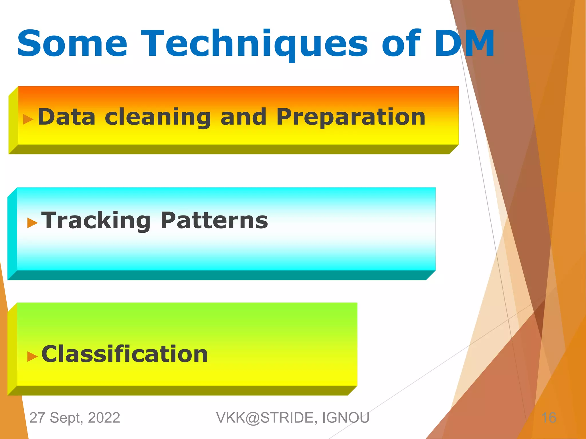 Some Techniques of DM
▶Data cleaning and Preparation
▶Tracking Patterns
▶Classification
27 Sept, 2022 VKK@STRIDE, IGNOU 16
 