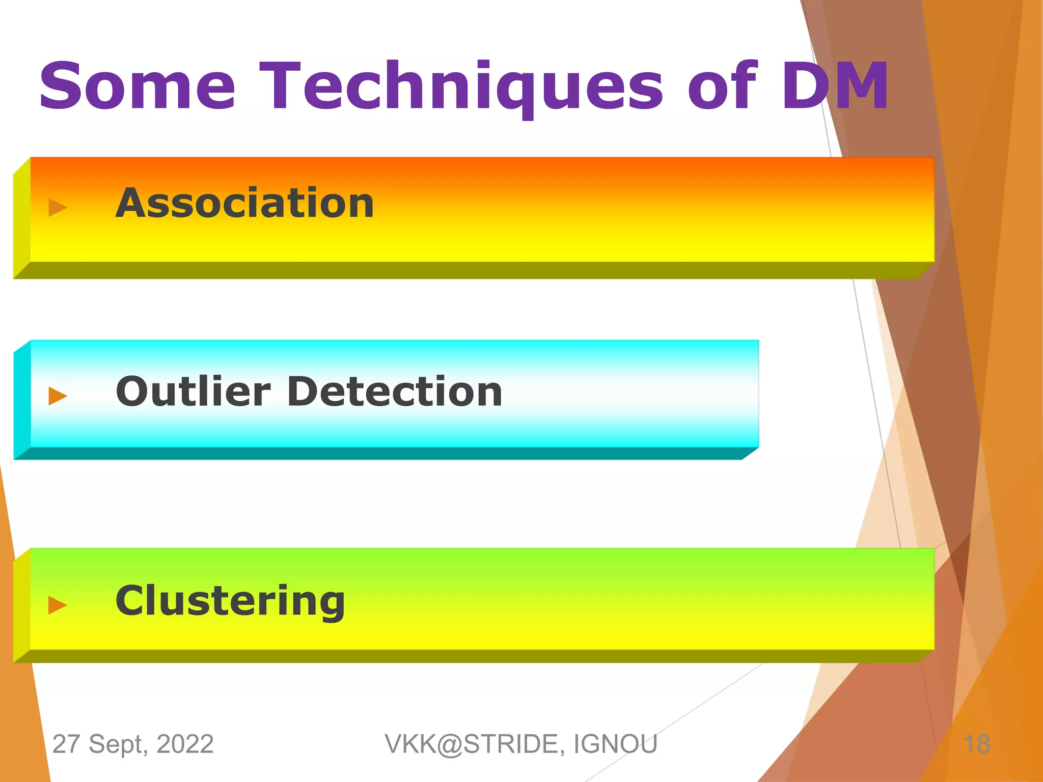 ▶ Association
▶ Outlier Detection
Some Techniques of DM
27 Sept, 2022 VKK@STRIDE, IGNOU 18
▶ Clustering
 