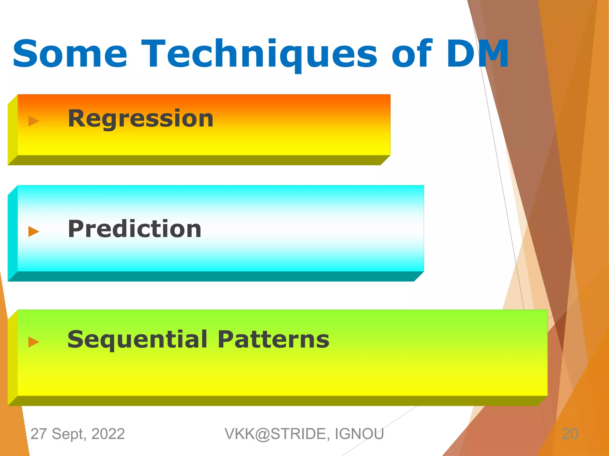 ▶ Regression
▶ Prediction
▶ Sequential Patterns
Some Techniques of DM
27 Sept, 2022 VKK@STRIDE, IGNOU 20
 