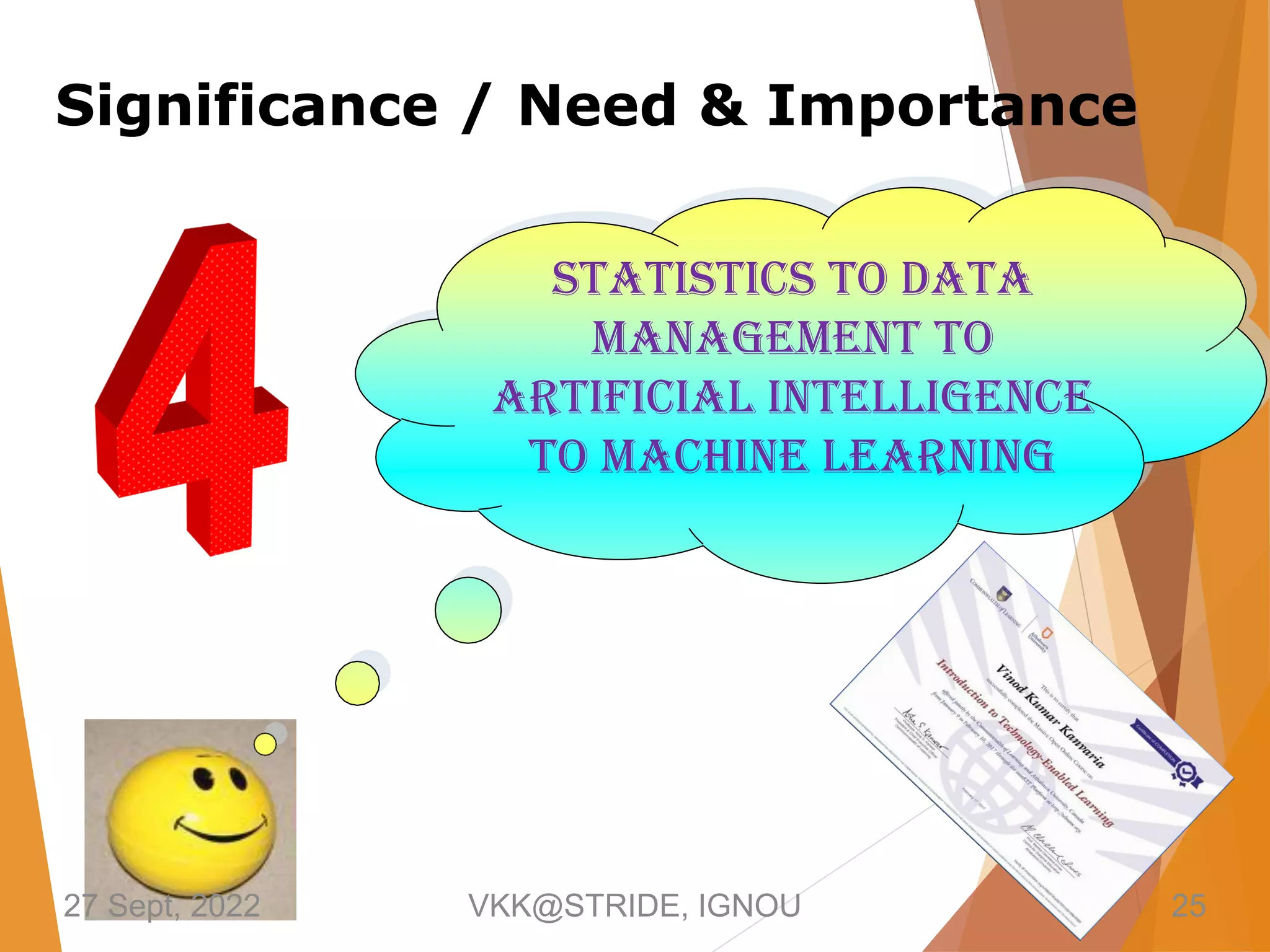 Statistics to Data
management to
Artificial Intelligence
to Machine Learning
27 Sept, 2022 VKK@STRIDE, IGNOU 25
Significance / Need & Importance
 