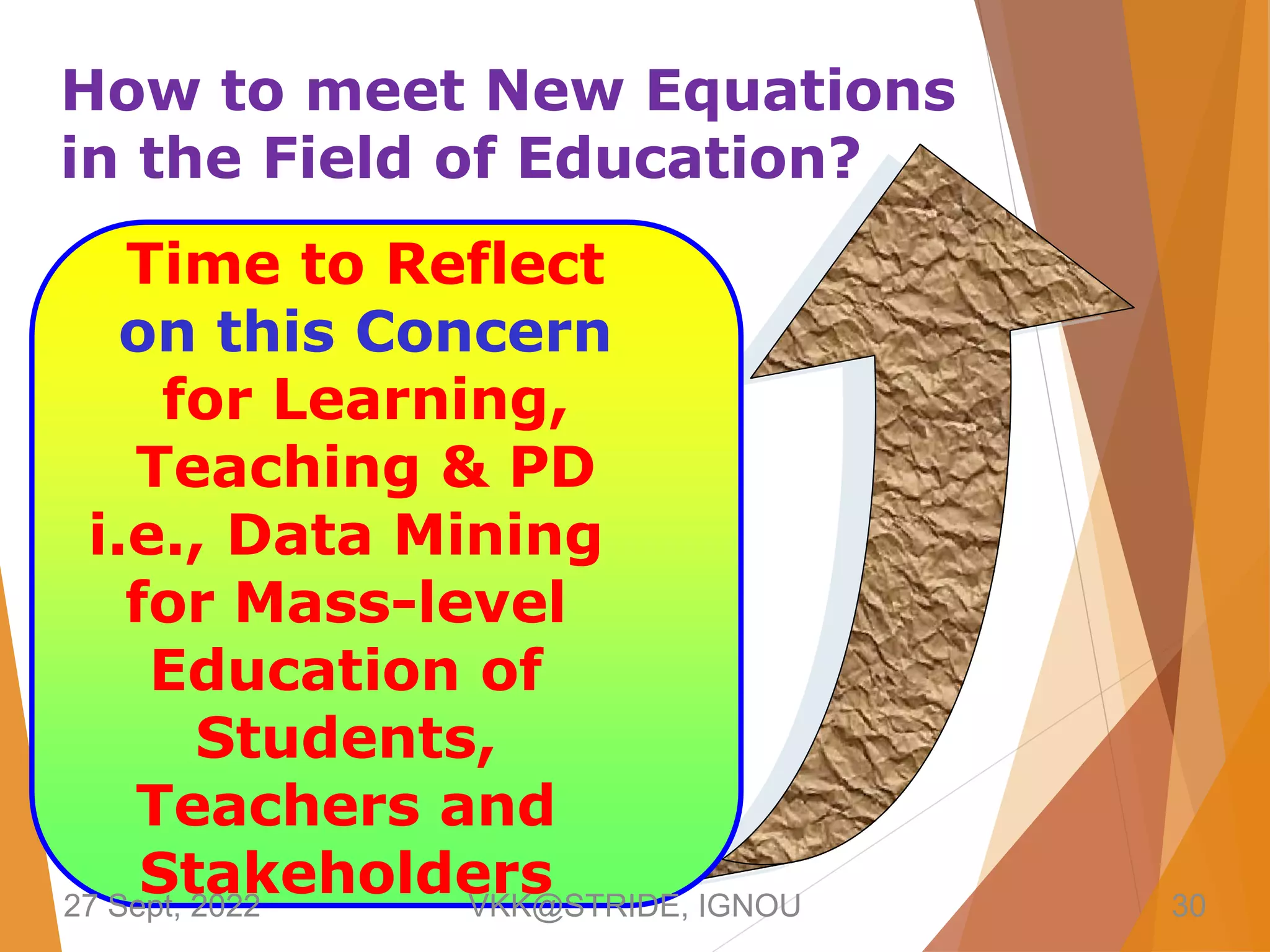 How to meet New Equations
in the Field of Education?
Time to Reflect
on this Concern
for Learning,
Teaching & PD
i.e., Data Mining
for Mass-level
Education of
Students,
Teachers and
Stakeholders
27 Sept, 2022 VKK@STRIDE, IGNOU 30
 