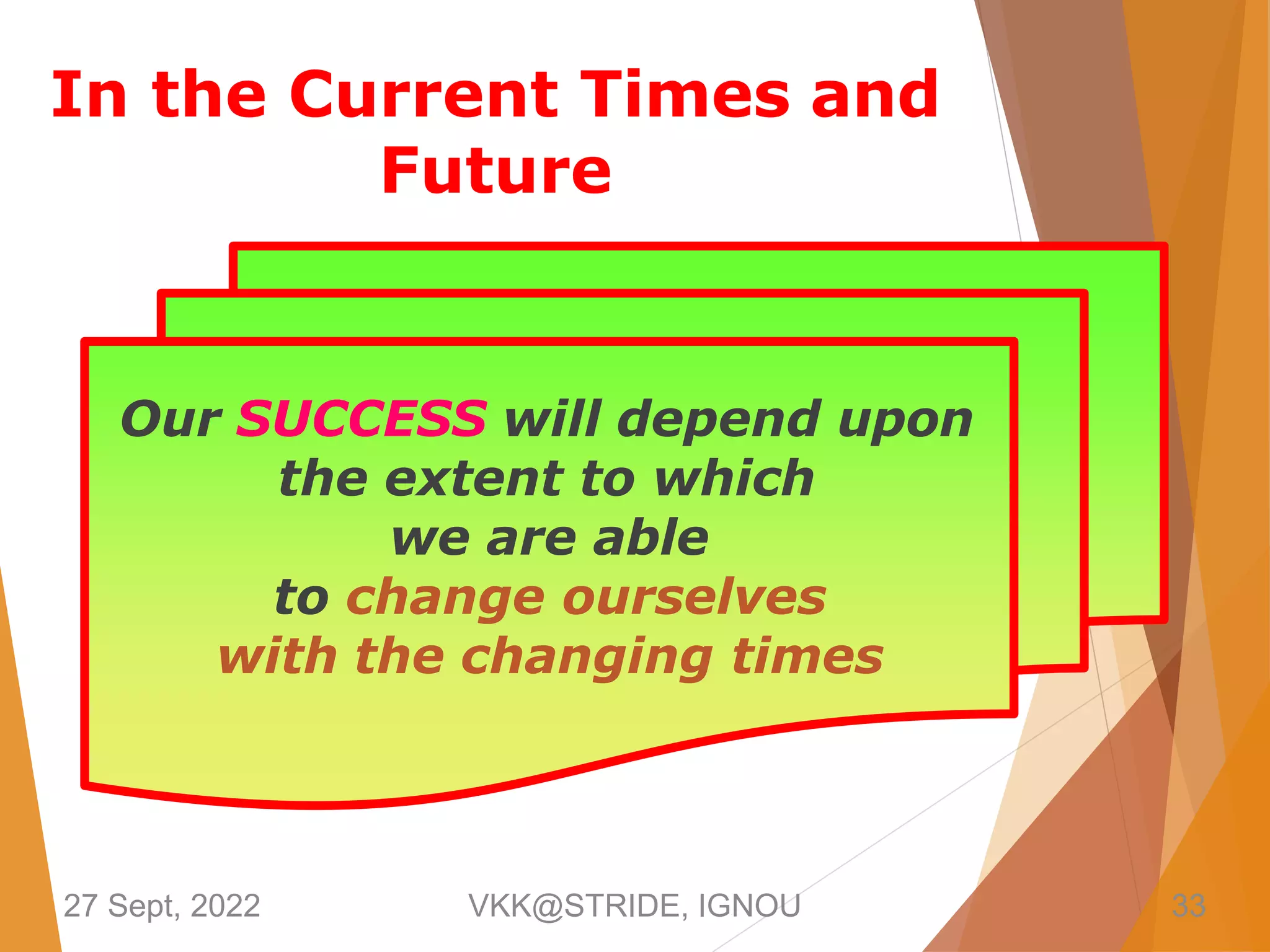 In the Current Times and
Future
Our SUCCESS will depend upon
the extent to which
we are able
to change ourselves
with the changing times
27 Sept, 2022 VKK@STRIDE, IGNOU 33
 