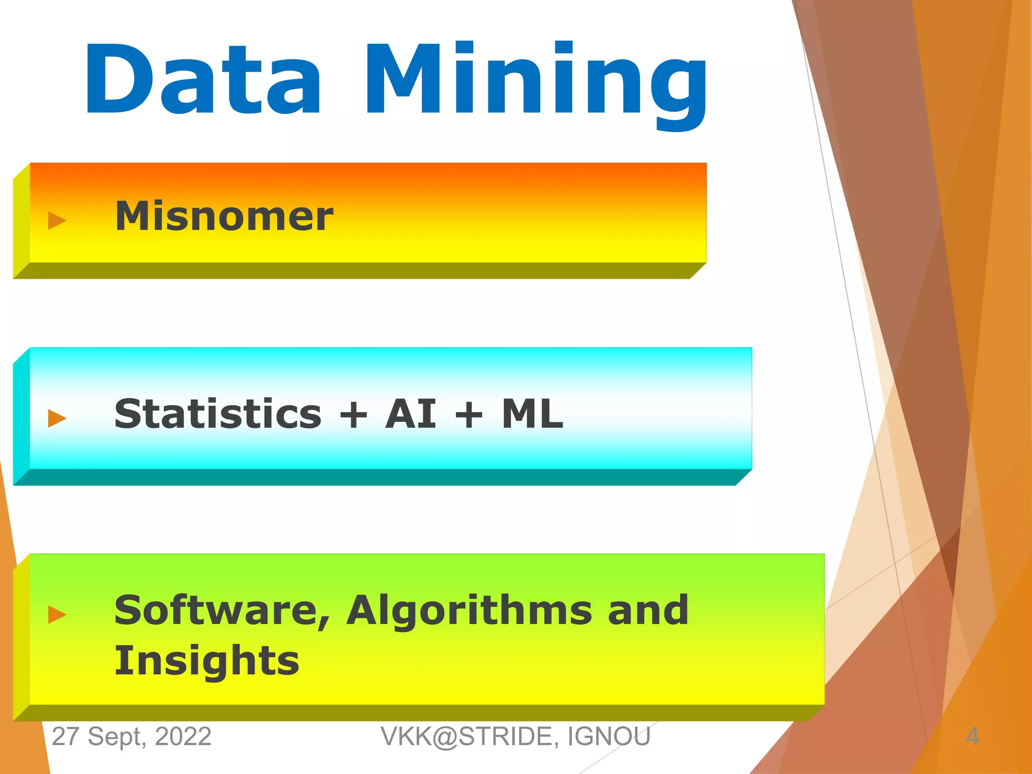 Data Mining
▶ Misnomer
▶ Statistics + AI + ML
▶ Software, Algorithms and
Insights
27 Sept, 2022 VKK@STRIDE, IGNOU 4
 