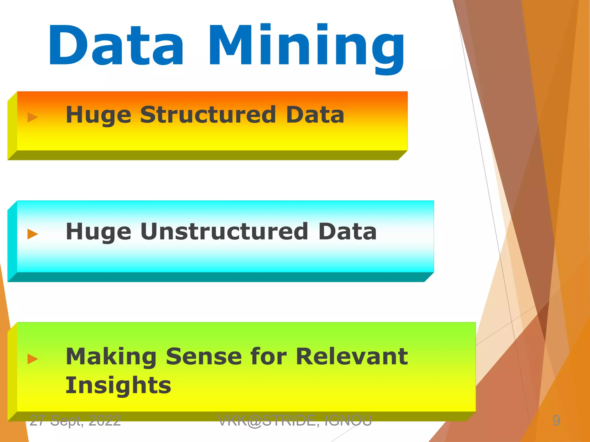 Data Mining
▶ Huge Structured Data
▶ Huge Unstructured Data
▶ Making Sense for Relevant
Insights
27 Sept, 2022 VKK@STRIDE, IGNOU 9
 