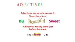 A DJ E C T I V E S
Adjectives are words we use to
Describe nouns:
Adjectives usually come just
before the noun:
The Cat
 