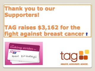 Thank you to our
Supporters!
TAG raises $3,162 for the
fight against breast cancer

 