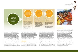 Striding Ahead I 9




                                                              behaving                       behaving                         behaving
                                                             Responsibly                    responsibly                      responsibly
                                                           towards people                 towards society                   towards the
                                                                                                                            environment

                   oUR coRe
                   pRinciple                          We develop the                   We seek to make a              We avoid negative impacts
                 honesty and                          potential of our people          positive social impact in      on the environment and
                                                                                       every area that we work        biodiversity
                  integrity                           We foster a workplace that
                                                      respects personal dignity,       We respect the rights          We prevent and minimise
                                                      is non-discriminatory and        and acknowledge the            emissions to air, water
                                                      provides fair rewards            aspirations and concerns       and land                            Education for women in the community
                                                                                       of the communities in
                                                      We provide a healthy,            which we work                  We operate to minimise
                                                      safe and secure working                                         our carbon footprint
                                                                                                                                                         Infrastructure
                                                      environment
                                                                                                                                                         Cairn India operated focused community and
                                                                                                                                                         social development projects in support of
reproductive and child health and HIV/           healthcare services to more than 92,500             the various education initiatives, it focuses       local communities in the areas surrounding
AIDS prevention through health education         people. Moreover, collaborative initiatives         on access, equity and quality of education.         its exploration, development and production
and promotion initiatives. Cairn India           are driven with Panchayats to catalyse health       The company recognises the importance of            sites. The Company works closely with
recognises the need to complement and            governance through micro level strategising         appropriate infrastructure, skilled teachers,       district authorities, representatives of local
supplement the government health system          and planning. Cairn India empowers                  innovative teaching methodology and                 self governments and communities on local
for effective primary healthcare. Keeping in     communities to take group and individual            curriculum availability for the school going        infrastructure improvement projects providing
view the scattered habitation pattern of the     action to address their health needs.               children of the district. In addition to this, it   much needed roads, housing and toilets for
population at Barmer, Rajasthan, Cairn India                                                         also believes in innovative methods to make         the disadvantaged, water tanks, community
started mobile health van initiative to serve    Education                                           learning more interactive and participatory.        halls, school buildings renovation and
remote communities of Rajasthan which                                                                Programmes like Reading Room, Theatre               playgrounds. It recognises the central role of
would otherwise have little or no access         Cairn India aims at enabling an environment         in Education (TIE), Mobile Science Van and          infrastructure in the development agenda and
to healthcare services. The initiative has       for children and young people to develop            science playgrounds have helped bring back          as a contributor to growth, poverty reduction
provided preventative, curative and diagnostic   and evolve as responsible citizen. Through          and sustain interest of young minds at schools.     and achievement of the MDGs.
 