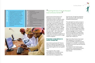 Striding Ahead I 17




         •	 Trade skill exposure and enhanced                   •	 Key Partners                      “Touching the lives of over ten thousand




                                                 KEY PARTNERS
OBJECTIVES

            employability for communities in
            the Barmer Development Area
                                                                •	 SURE (Society to Uplift           local community members.
                                                                   Rural Economy)
            thereby developing micro, small                     •	 IL&FS
            and medium enterprises (MSMEs).                     •	 NIIT
         •	 Facilitating access to finance for
                                                                •	 LiQVid
                                                                                                     gained control of their finances and          Over the years, through the programme
            SMEs and micro-entrepreneurs to                                                          developed immense self reliance.              SMS subscriptions were sold to several
            establish and expand businesses.                    •	 Thomson Reuters
                                                                •	 Multi Commodity Exchange (MCX)    Traditionally members of different castes     hundred thousand farmers.
         •	 Collection and dissemination
            of information on employment                        •	 Rajasthan Mission on Livelihood   would never be seen in the same room,
            opportunities, enterprise                              (RMoL)                            and now due to this programme, caste          The subscriptions are sold as an easy-to-
            development, government                             •	 GMR Varalakshmi Foundation        is no longer a distinction as people are      use card in thousands of retail outlets in
            schemes and upcoming contracts                      •	 ALEAP                             working together without discrimination.      rural India. Each farmer can choose his
            and tenders.                                        •	 Jana Kalyan Welfare Society       The programme is currently running in         choice of content, which is delivered to
                                                                                                     14 villages of Barmer, Rajasthan. The big     him in his locallanguage over his mobile
                                                                                                     strides in milk production from 196,873       phone. The service is delivered as SMSes
                                                                                                     litres to 2,195,424 litres made in the last   that fit in the daily workflow of the farmer,
                                                                                                     four years (2007 – 2011) under Dairy          in 8 local languages, across 13 states
                                                                                                     Programme, have catapulted Cairn              and over any operator or mobile phone.
                                                                                                     India’s Dairy Development programme as        The service helps the farmer with timely
                                                                                                     a catalyst for social and economic change     information on calamities, demand –
                                                                                                     in Barmer, Rajasthan.                         supply rate in markets, etc.

                                                                                                     Programme on Agri Advisory to                 Right of Use (RoU) farmers have shown
                                                                                                     Farmers through SMS                           their willingness for continuation of
                                                                                                                                                   services from RML programme and have
                                                                                                     Cairn India has partnered with Thomson        requested for its renewal. It is evident that
                                                                                                     Reuters to implement the programme on         the SMS services have improved livelihood
                                                                                                     agri advisory through SMS for the farming     for the farmers.
                                                                                                     community living across the Cairn pipeline    This initiative of Cairn India has been
                                                                                                     route.                                        instrumental in empowering the farmers,
                                                                                                                                                   leading to direct financial benefit to
                                                                                                     The programme offers a highly                 their incomes.
                                                                                                     personalised micro-information service
                                                                                                     over mobile phones to the farming
                                                                                                     community that is changing their lives.
 
