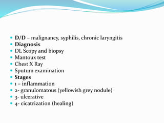  D/D – malignancy, syphilis, chronic laryngitis
 Diagnosis
 DL Scopy and biopsy
 Mantoux test
 Chest X Ray
 Sputum examination
 Stages
 1 – inflammation
 2- granulomatous (yellowish grey nodule)
 3- ulcerative
 4- cicatrization (healing)
 